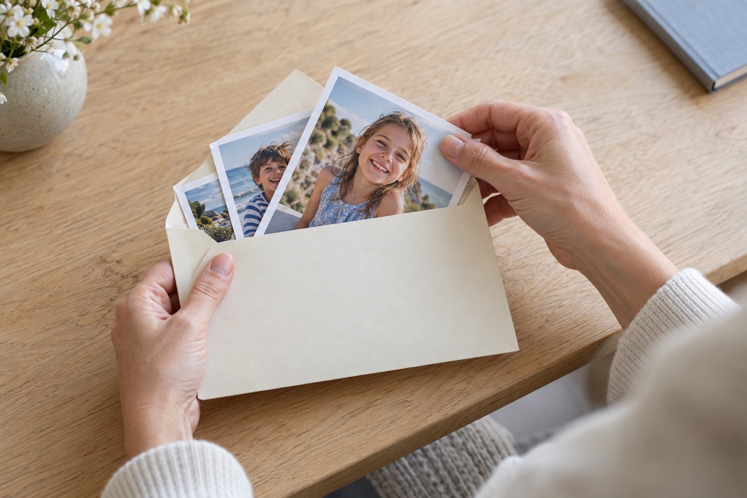Rokas izņem fotogrāfijas no aploksnes